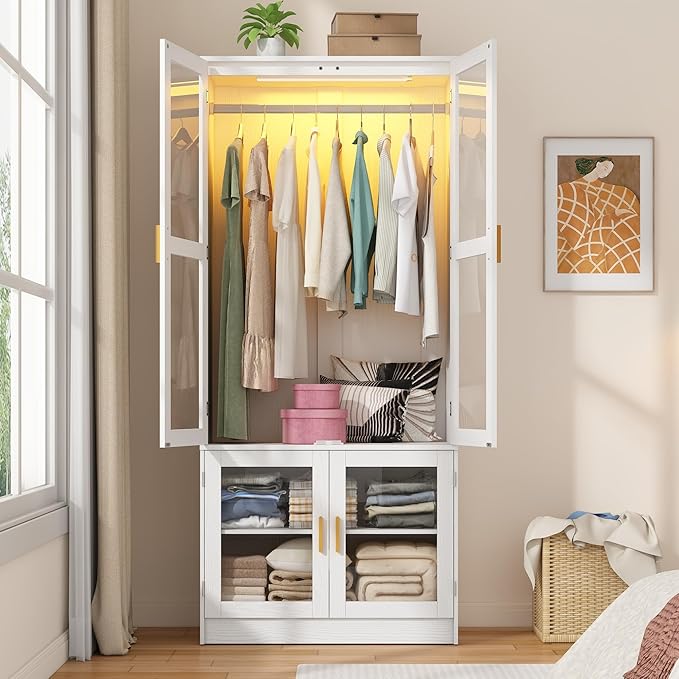 chartustriable 2 Doors Armoire Wardrobe Closet with LED,71" H Freestanding Wooden Wardrobe Closet Cabinet for Bedroom,Wooden Clothing Storage Cabinet with Hanging Rod,Closets for Bedroom(White)