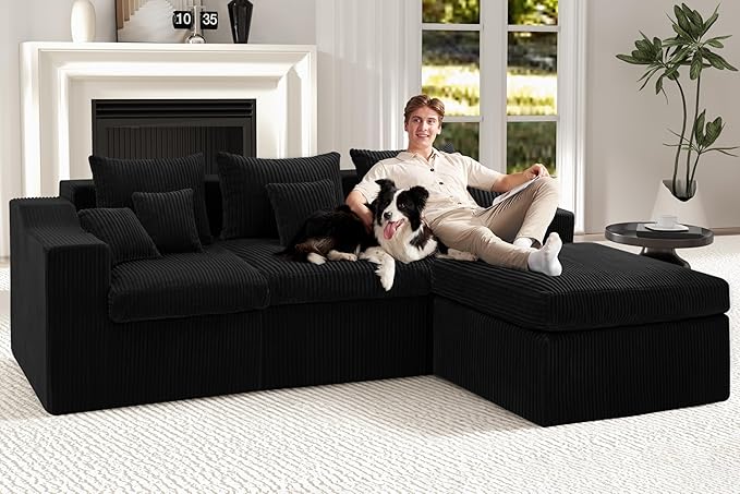 101" Modular Couch Sectionals with Ottoman, Big Comfy Cloud Couches, L Shaped 4 Seat Modular Sectional Sofa, Sectional Double Cushion Couches with Deep Seat for Living Room,No Assembly Required(Black)