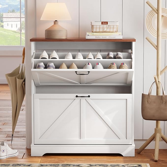 Semiocthome Farmhouse Shoe Storage Cabinet with 2 Flip Drawers, 31.5"(W) Freestanding Shoe Organizer with Barn Door and Metal Handles for Entryway, Rustic Narrow Slim Shoe Rack Cabinet - White - Image 3