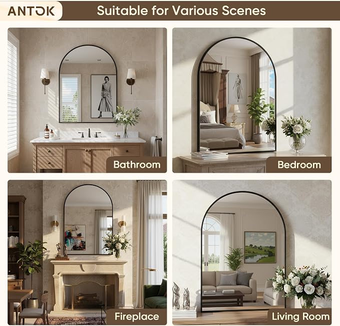Antok Arched Bathroom Mirror, 20"x30" Wall Mounted Mirror, Vanity Mirrors for Over Sink, Aluminum Alloy Frame Bathroom Mirrors Living Room, Bedroom and Entryway, Black - Image 9