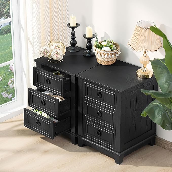 Joaxswe Farmhouse Night Stand Set of 2, 18" End Table with 3 Drawer Metal Handle, Dresser for Bedroom, Sofa Bed Side Table Chest of Drawers,Wood Nightstand Cabinet for Organizer, Living Room-Black - Image 4
