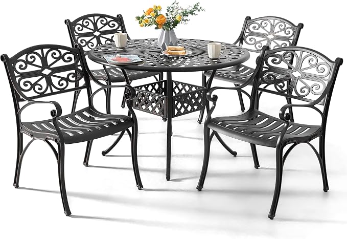 NUU GARDEN 5 Pieces Outdoor Patio Dining Set, 42" Round Cast Aluminum Dining Table with 2.24" Umbrella Hole and All-Weather 4 Outdoor Patio Dining Chairs for Patio, Garden, Backyard, Balcony, Bronze by NUUGARDENCORPORATION