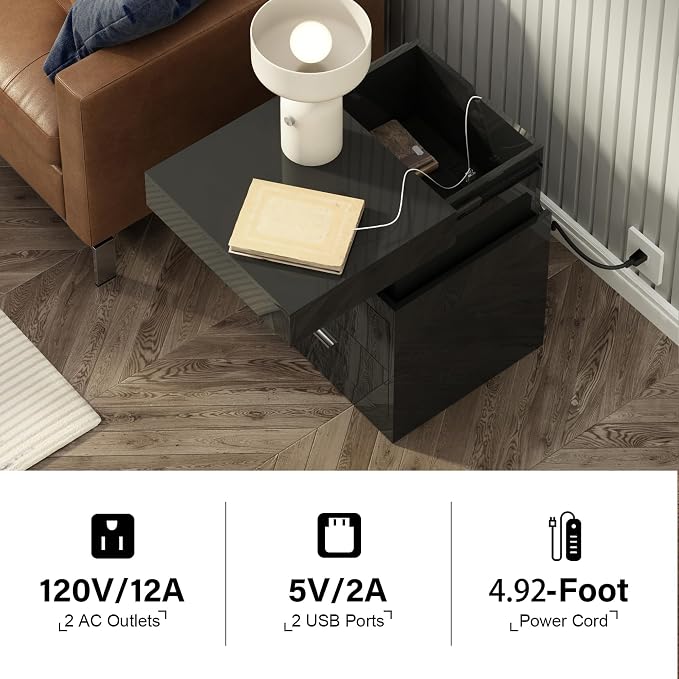 ChooChoo LED Nightstand with Charging Station,Smart Night Stand with Sliding Top Storage, 2-Drawers High Gloss Bedside Table, Modern End Table for Bedroom,Black - Image 3