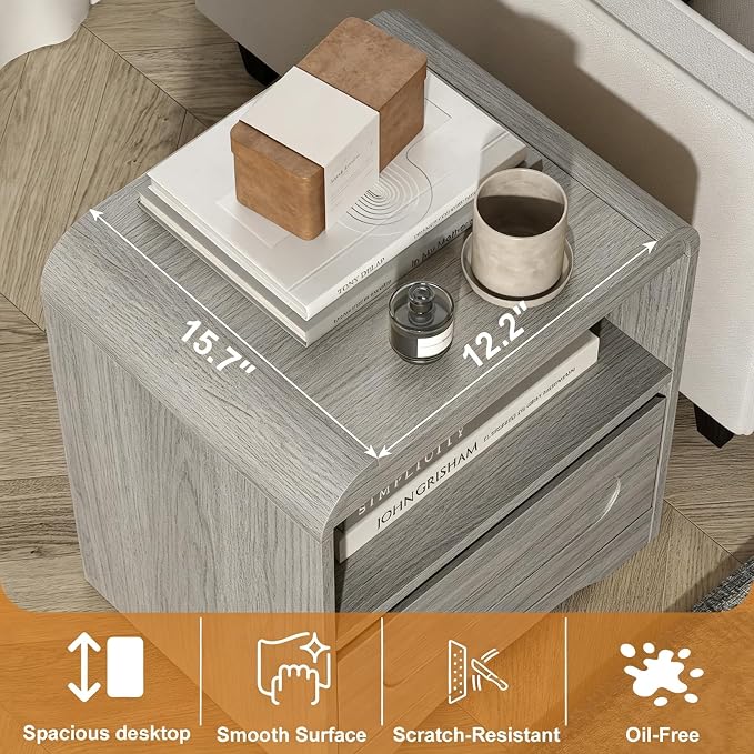 Night Stand with Drawers, Wood Nightstand, Bedside Side Table with Open Storage, Curved Corners, Hidden Handle, Modern Night Stands End Table for Bedroom Sofa Couch Office (Grey) - Image 5