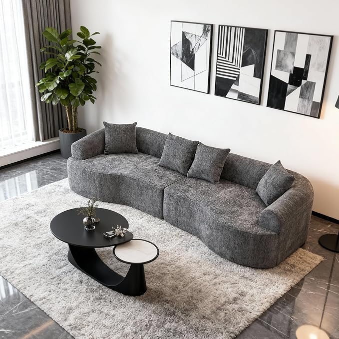 Curved Boneless Sofa Couches 4-Seat Tight Backrest Couch for Living Room Bedroom, Boneless Cloud Sofa with 4 Pillows, Floor Sofa in A Box No Assembly Required
