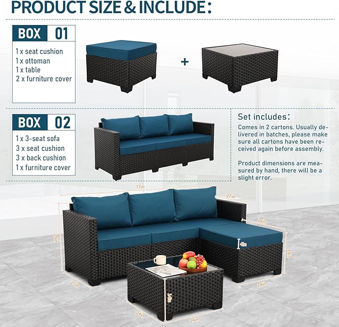3 Pieces Patio Furniture Set Outdoor Sectional Wicker Patio Furniture Patio Couch with Ottoman and Outdoor Glass Table Weathering Anti-Slip Cushions Waterproof Covers, Peacock Blue