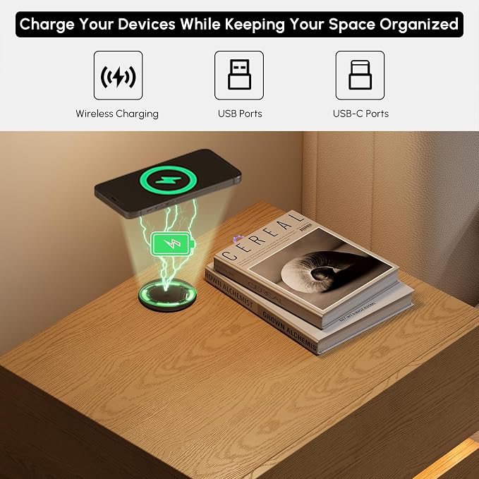 homary Smart Nightstand Set of 2 with Wireless Charging Station, USB & Type-C Ports, LED Light, 2 Drawers – Modern Natural Bedside Table for Bedroom Storage - Image 3