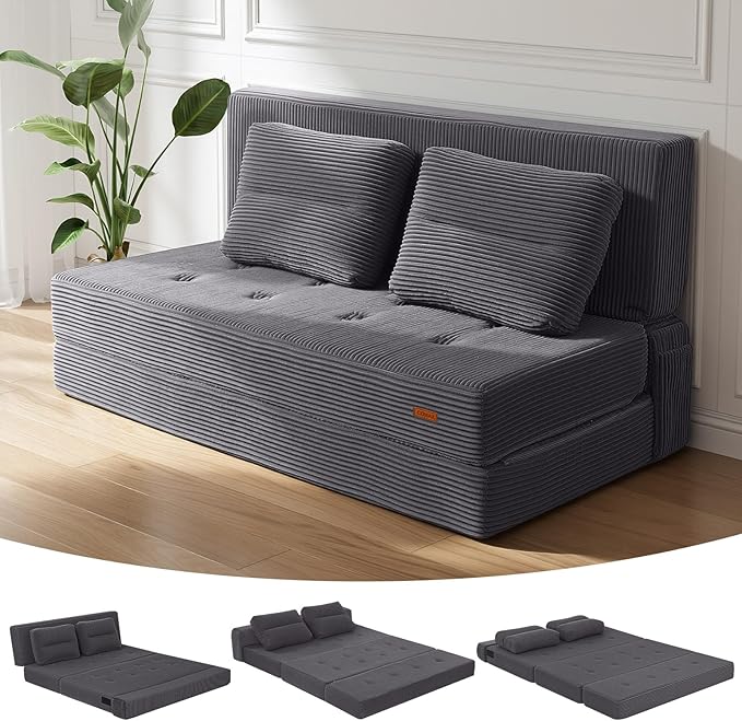 COMAX Folding Sofa Bed, Foldable Couch for Bedroom, Convertible Floor Sleeper Futon Chair Foam, Corduroy 3 in 1 Fold Out Chair Portable Comfy Lounge Couch Sofa Bed for Small Space, Full, Grey