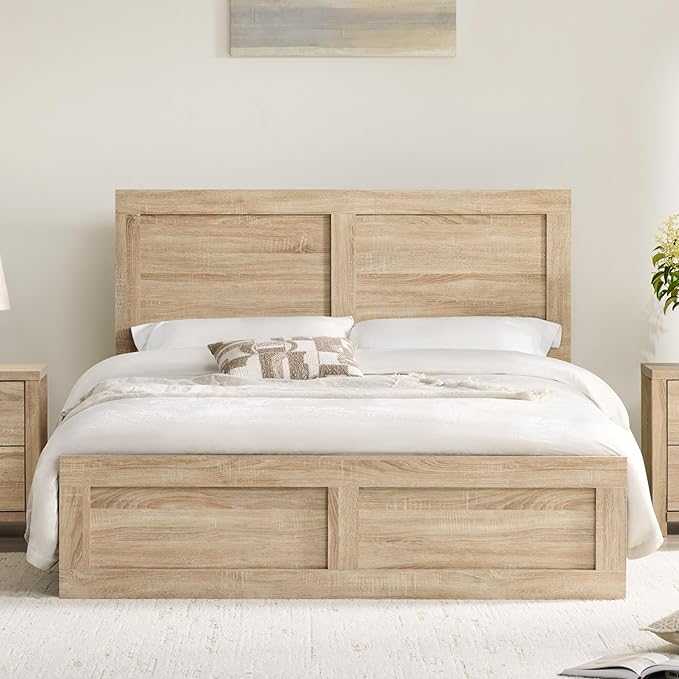 KISLOT 3 Pieces Bedroom Set, Full Size Wood Platform Bed Frame and 2 Nightstands, Storage Nightstand with Type-C Charging Port, Farmhouse Bedroom Furniture Set