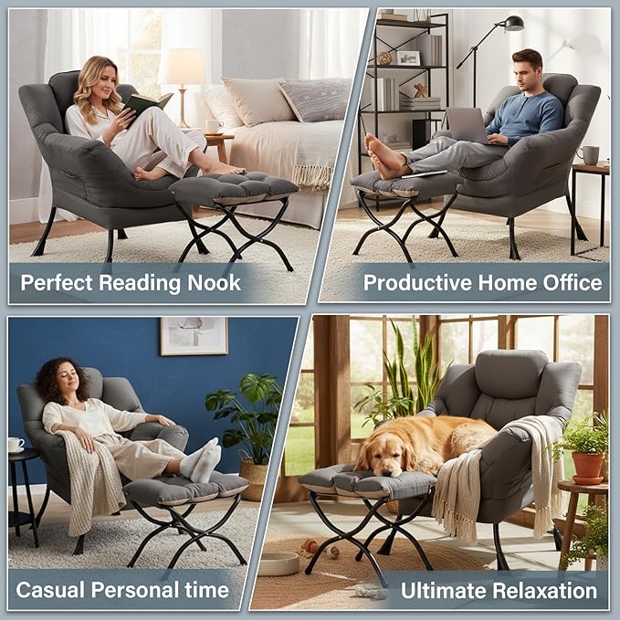 Lazy Chair with Ottoman, Large Dark Grey Accent Chair with a Side Pocket, Modern Leisure Upholstered Sofa Reading Armchair with Footrest for Office, Bedroom, Living Room, Dorm Rooms, Balcony