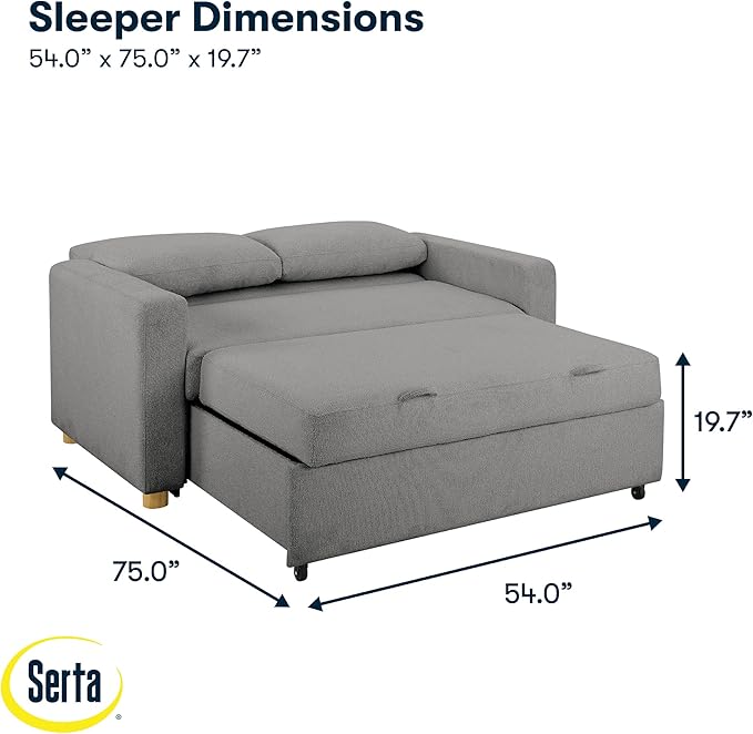 Serta Tulsa 66.1" Convertible Sleeper Loveseat, Full Size, Dreamcoil Comfort, FingerGuard Pinch Point Protection, Boucle Fabric, Grey
