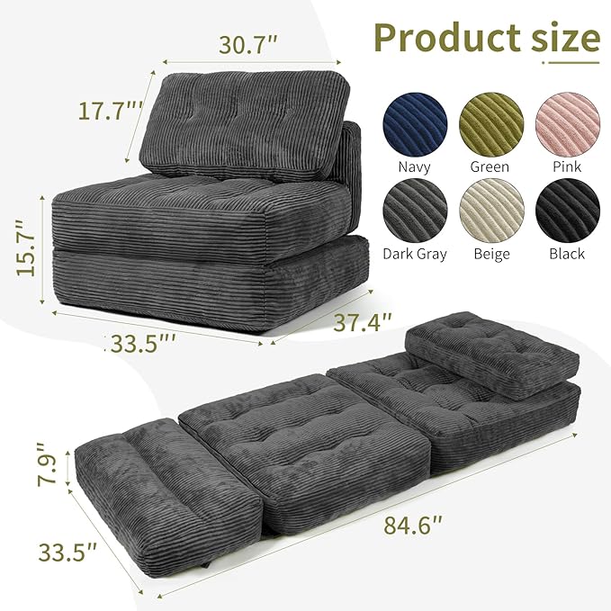Art3d Folding Sofa Bed, Convertible Sleeper Sofa Bed with Pilow & Back Support, 3 in 1 Long Futon Boneless Couch, Comfy Floor Couch for Living Room, Bedroom, Dark Gray