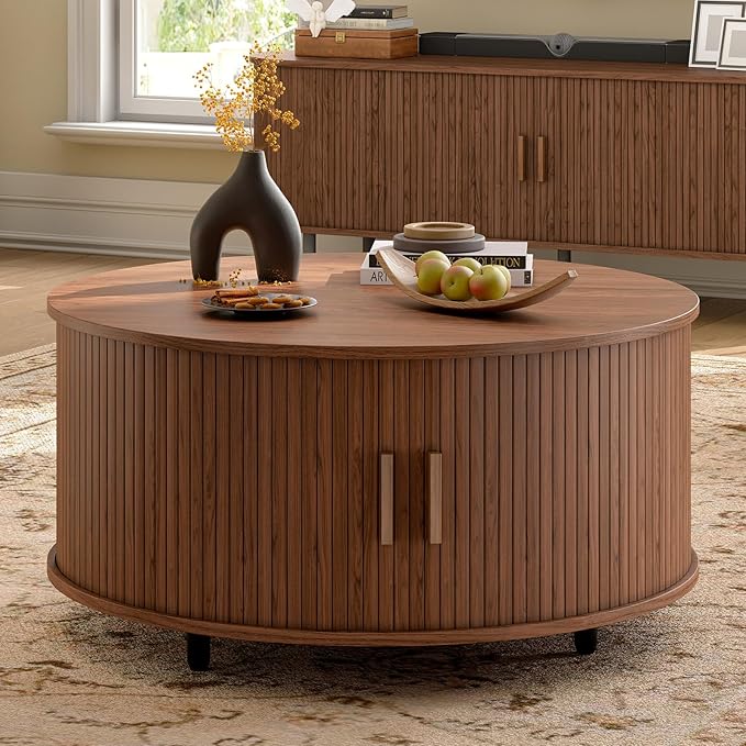 31.5 Inch Round Coffee Table, Mid-Century Modern Coffee Table wtih Storage, Fluted Coffee Table with Adjustable Footpads, 360° Rotating Sliding Door, Center Table for Living Room (Walnut)