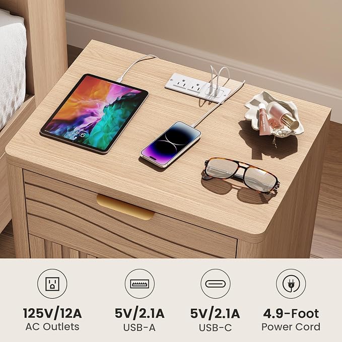 Fluted Nightstand with Charging Station, Modern Bedside Table with 2 Storage Drawers, Curved Corner & Metal Handle, Mid Century Night Stand End Side Table for Bedroom, Natural Oak - Image 3