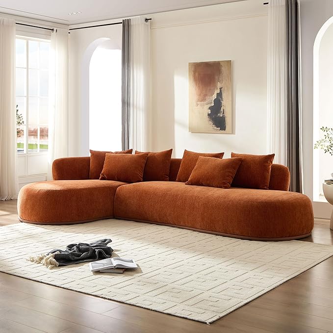 KEIKI 135" L-Shaped Oversized Boucle Sectional Sofa with Left Chaise, Modern 5-Seater Polyester Curved Couch with PU Leather Base & 6 Decorative Pillows, No Assembly Required, for Living Room, Orange