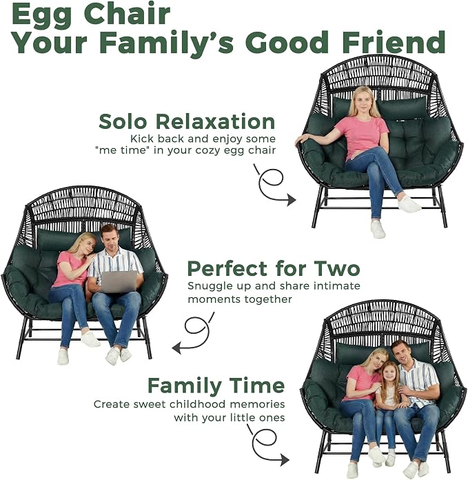 IRONCK Egg Chair Outdoor, Double Wicker Egg Lounge Chair, Upgraded Feet, Handrest and Padded Cushion, 700Lbs, Oversized Loveseat for Backyard, Patio, Living Room, Dark Green - Image 5