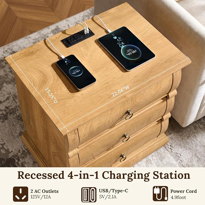 ACCOHOHO 22" Vintage Nightstand with 3 Curved Front Drawers & Retro Ring Pulls & Charging Station, Wood Bedside Table, End Table with Stable Base for Bedroom, Light Walnut Side Table - Image 4