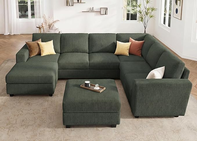 HONBAY Corduroy Sectional Couch with Storage, 8 Seater U Shaped Sectional Sofa Sectional Couches for Living Room, Green