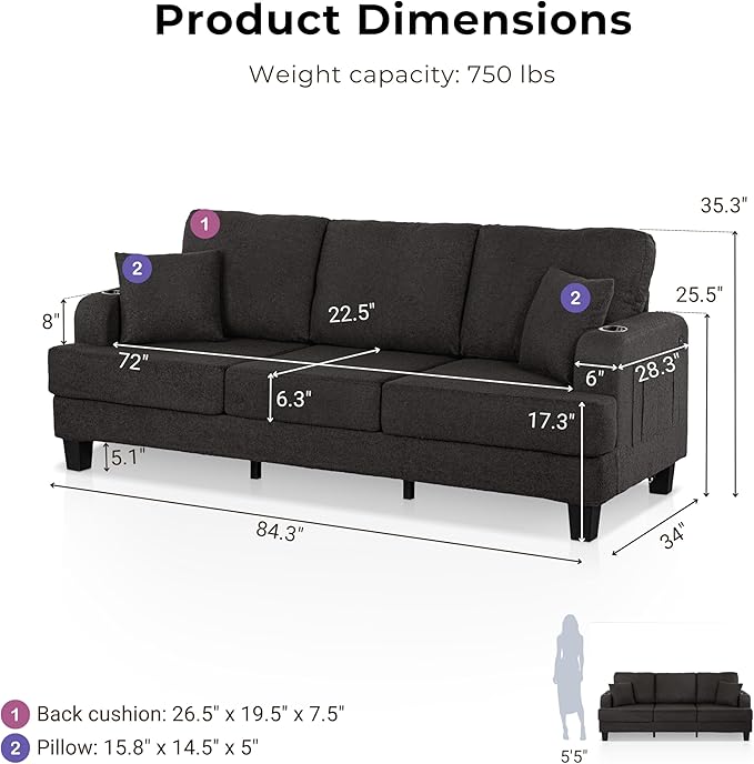 Homes: Inside + Out Reese Modern Plush Boucle Couch with Side Pockets, Cup Holders and USB Ports, Wooden Comfortable Sofa for Living Room, Bedroom and Office, Dark Grey