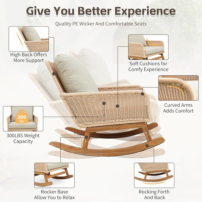 Christopher Knight Home Nadine Patio Rocking Chair, Wicker Rocker, Wood Leg Rocking Chair, PE Rattan Wicker Chair, Rocking Chair with Cushions, Comfort Wicker Rocker for Backyard Balcony Porch, Beige - Image 4