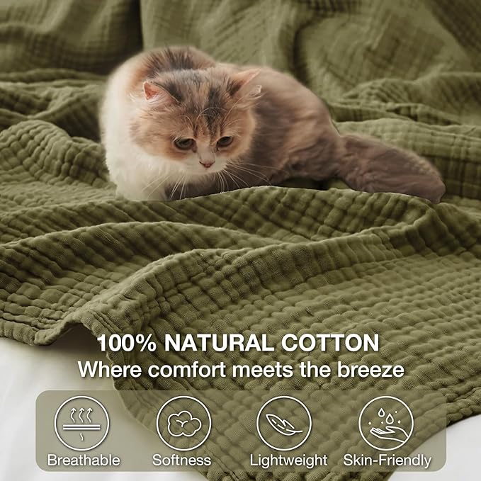 100% Cotton Muslin Blanket California King 120" x 90", 6 Layers Breathable and Lightweight Oversized Blankets for Bed, Soft Cooling Gauze Blanket for Adults All Season, Olive Green