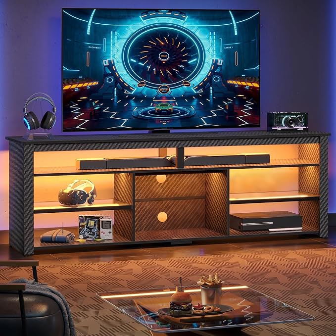 Bestier Tall TV Stand for 75 inch TV, LED Entertainment Center, Gaming TV Console with Storage for PS5, Modern TV Cabinet for Bedroom, Living Room, Black Carbon Fiber by Bestier