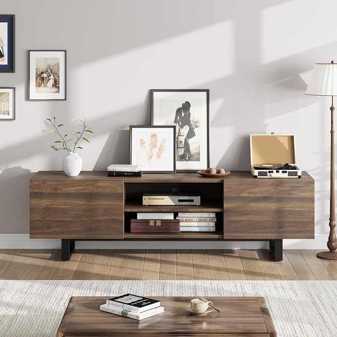 GarveeHome Industrial TV Stand for 80 in, Modern Entertainment Center with 2 Drawers, Wooden Media Cabinet with Heavy Duty Leg and Open Storage, TV Console Table for Living Room, Walnut - Image 7