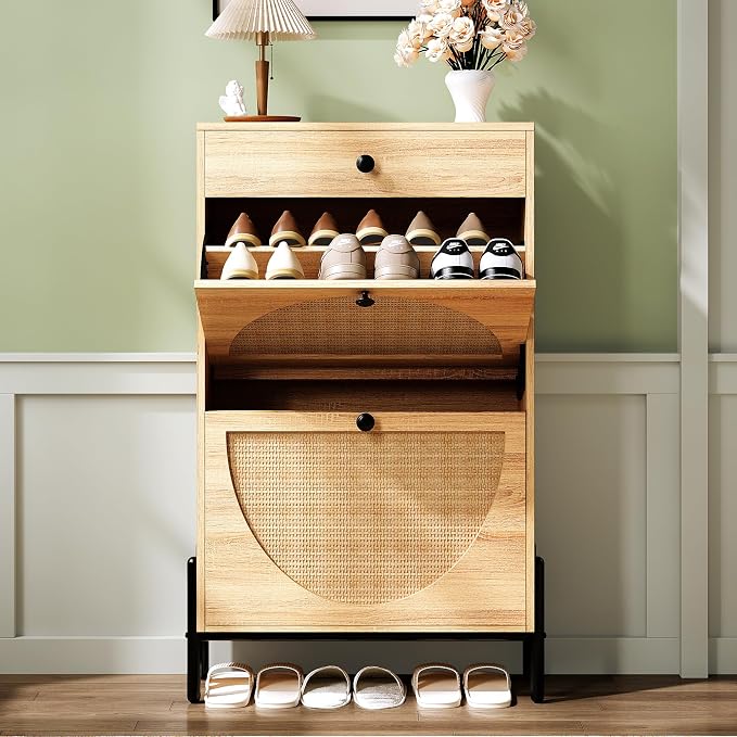 IRONCK Shoe Cabinet with 2 Flip Drawers, Shoe Storage Cabinet for Entryway, Free Standing Shoe Storage Organizer with Rattan Doors Slim Narrow Shoe Rack Cabinet, Oak - Image 9