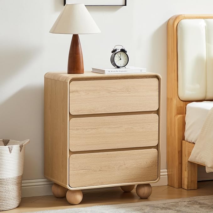 AVZEAR Wooden Night Stand wth 3 Drawer Dresser Mid Century Modern End Table Chest of Drawers, Solid Wood Legs & Curved Profile Design, Farmhouse Side Table for Living Room, Natural by AVZEAR
