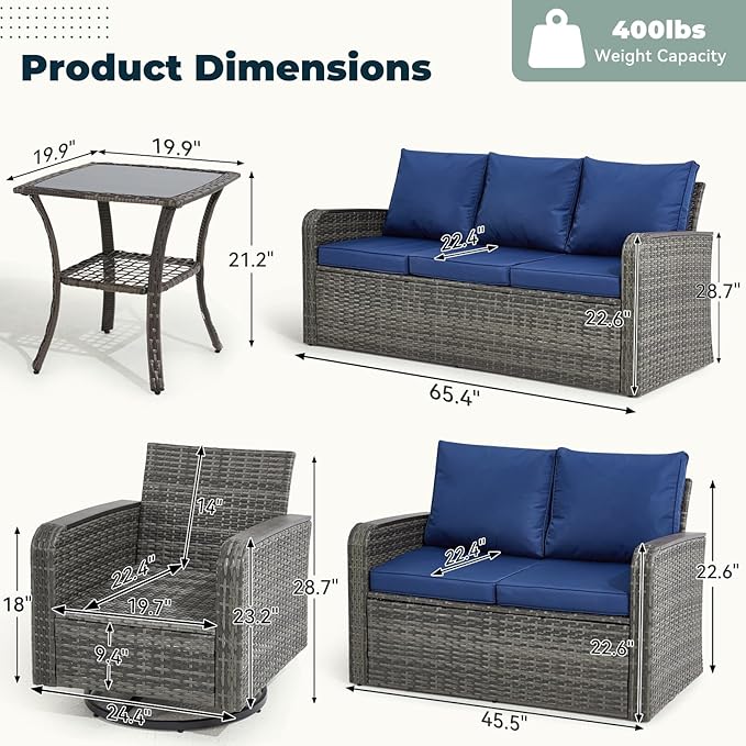 6 Pieces Patio Furniture Sets with Swivel Chairs, Patio Outdoor Furniture Set for Porch Deck Bistro Lawn Garden Backyard Poolsid- Grey Rattan/Blue