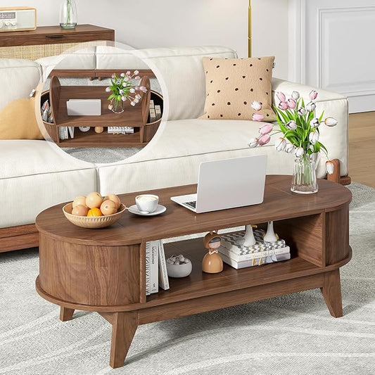 46.45'' Oval Coffee Tables for Living Room, Mid Century Modern Coffee Table with Storage, Wood Fluted Accent Center Table with Flip-Top Lids for Home,Office(Walnut)