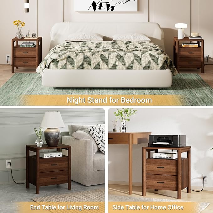 Night Stand Set 2, 20" Wide Nightstands Set of 2, Modern Nightstand with Charging Station, 2 Drawer Wooden End Table with Solid Round Post Legs, Bedside Table w/Storage for Bedroom, Walnut - Image 5