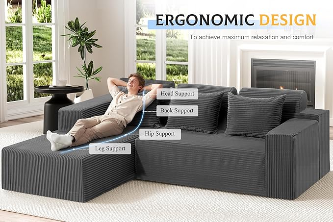 Homguava Modular Sectional Couches for Living Room,105" Cloud Couch with L-Shape Chaise,Comfy Sofa Living Room Sofas with Deep Seat,No Assembly L Couch,Corduroy Fabric(Grey,L)