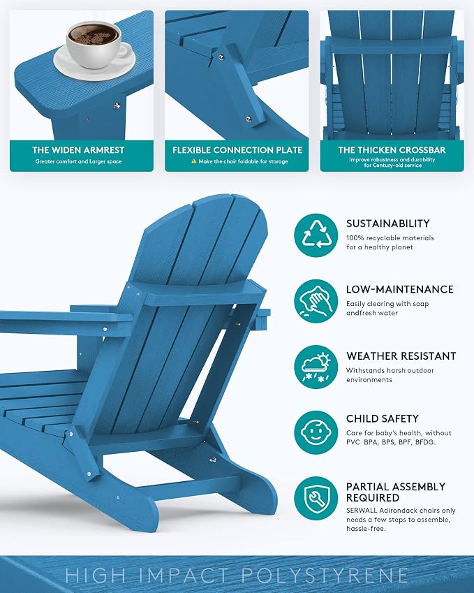 SERWALL Folding Adirondack Chair Set of 6, Weather Resistant HIPS Lawn Chairs with Cup Holder for Garden Outdoors Fire Pit- Sapphire - Image 5
