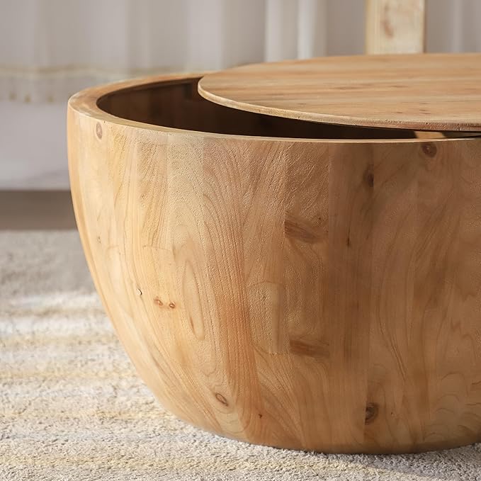 31.50" Coffee Table with Storage, Round Drum Coffee Table for Office, Dining Room and Living Room, Nature