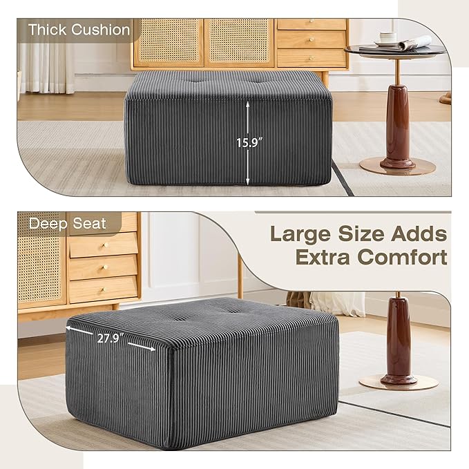 Modular Sectional Sofa, Boneless Couches for Living Room, Corduroy Couch, Big Comfy Couch, Modular Cloud Sofa with Deep Seat (Grey, 1 Piece-Ottoman)