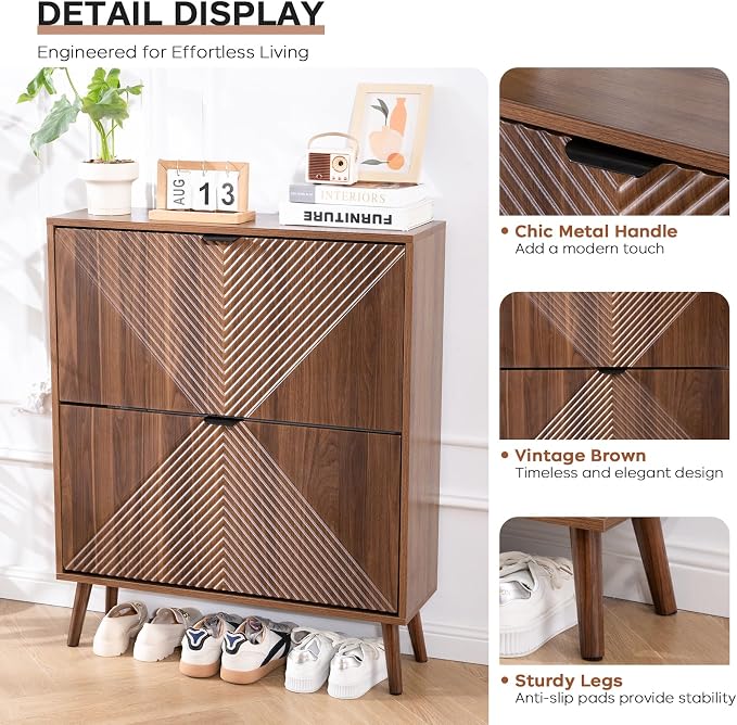 oakvivo Shoe Cabinet Storage, Farmhouse Freestanding Organizer with 2 Flip Drawers and 4 Wooden feet, Narrow Shoe Rack Cabinet for Entryway, Foyer, Hallway, Walnut - Image 6