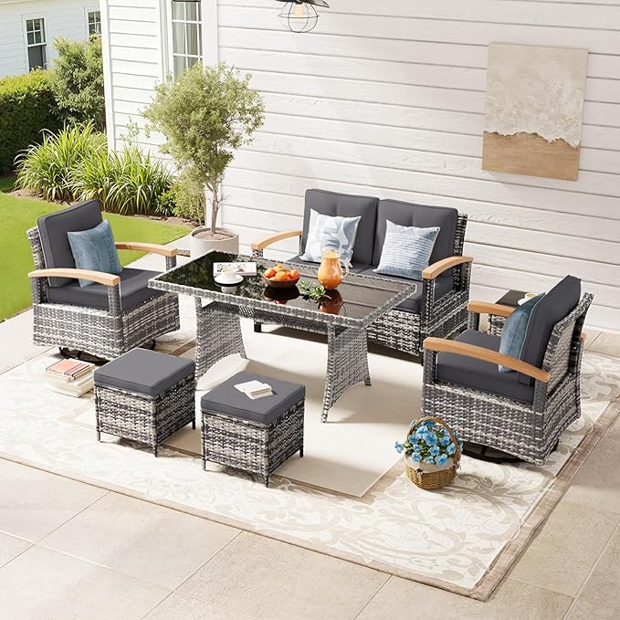 MEISSALIVVE 7 Pieces Patio Furniture Sets, PE Wicker Outdoor Conversation Sets with 2 Wood Armrests Swivel Rocker Chairs, 2 Ottomans, 2-seat Sofa and Dining Table (Grey)