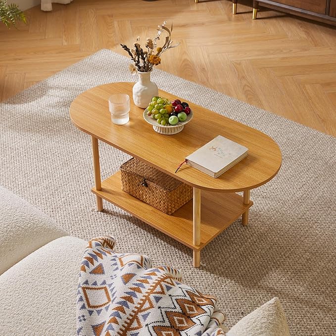 Wooden Tea Table Small Coffee Table, 2 Tier Coffee Table for Living Room, 35x16x17inch Tea Table Stand with Storage Shelf Natural Wood Color YD-012N