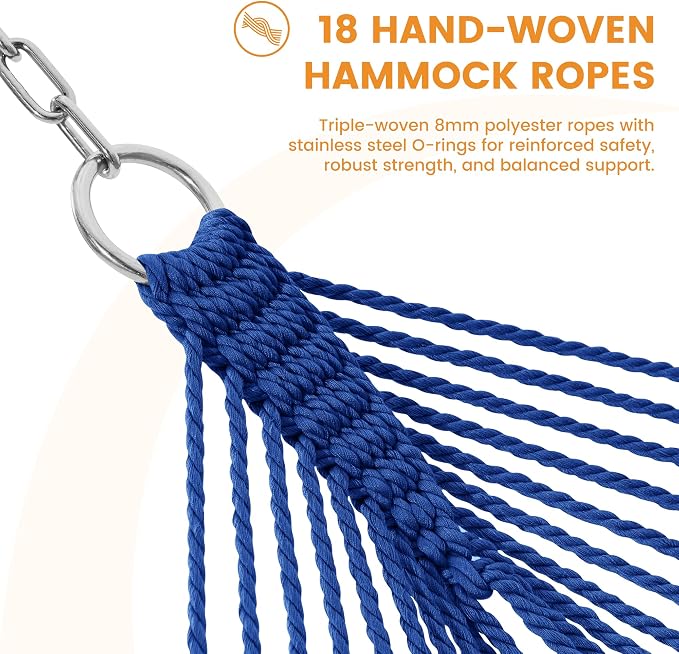 Lazy Daze Hammocks 10.5 FT Double 2 Person Caribbean Rope Hammock, Hand Woven Polyester Hammock with Spreader Bars, for Outside Outdoor Backyard Patio Poolside, 450 LBS Capacity, Blue - Image 4