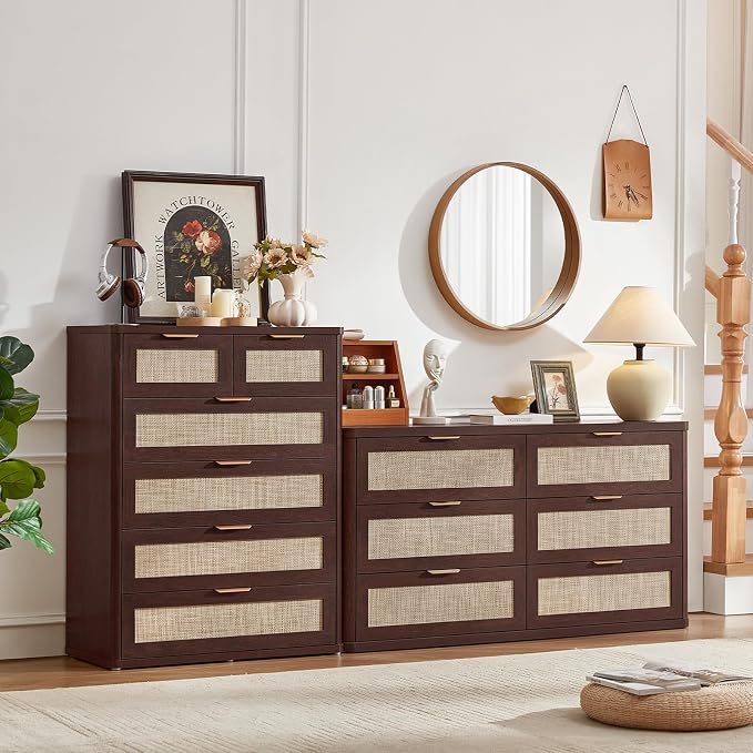 LEYAOYAO Dresser for Bedroom, 41" Tall Chest of Drawers, Modern 6 Drawers Boho Rattan Dressers with Storage, Dresser Wooden Closet Organizer for Living Room, Hallway - Image 7