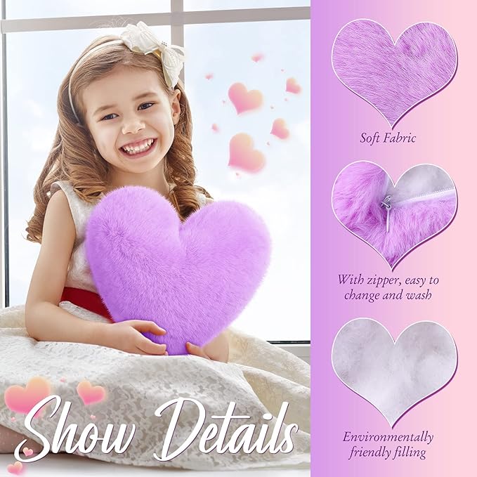 Marsui 2 Pcs Heart Throw Pillows, Soft Fluffy Faux Fur Decorative Hearts Shaped Pillows for Living Room Sofa Bed, Cute Heart Themed Gift for Women(Purple,11.81 x 11.02 Inch)
