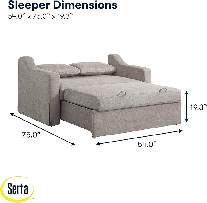 Serta Hawthorne 66.1" Slipcovered Convertible Sleeper Loveseat, Full Size, Dreamcoil Comfort, FingerGuard Pinch Point Protection, Polyester Tweed Fabric, Flax
