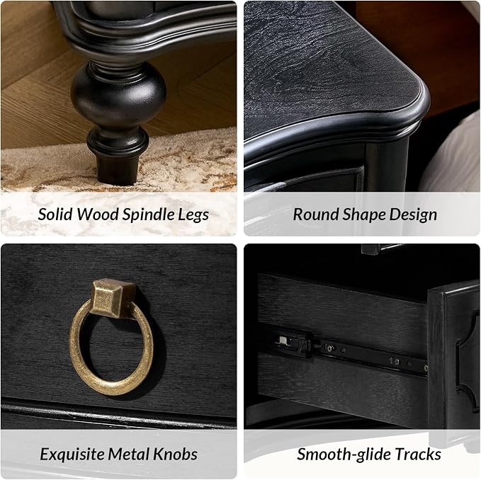 HULALA HOME Traditional Side Table with 3 Drawers, Tall Side Table with Curved Front Profle Desgin, Charging Station, Solid Wood Legs, Black - Image 4