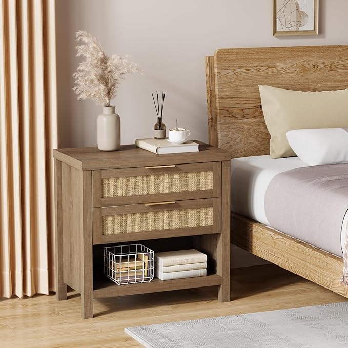 Eclatara Rattan Nightstands Set of 2, Farmhouse Bedside Table with 2 Drawers and Storage Shelf, Rattan Boho Accent Night Stands for Bedroom Large Space Sofa (2, Reclaimed Caramel Oak) - Image 3