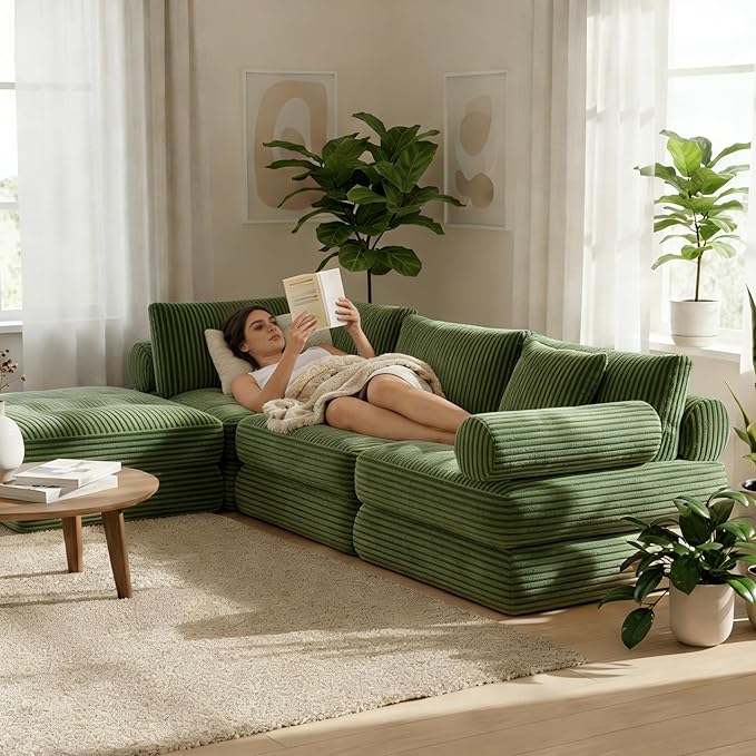 Plush Corduroy Folding Sofa Bed, Free Setup Floor Beds, 34" Boneless Couch for Small Spaces, Corner Chair, Convertible Sleeper Chair, Corner Couch, Foldable Sleeper Sofa Beds, Green