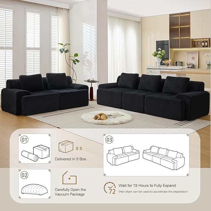 Modular Sectional Sofa, 6 Seat Modular Couch, Modular Sofa with Deep Seat and Detachable Pillow (Black, Rowshape 2 Side)