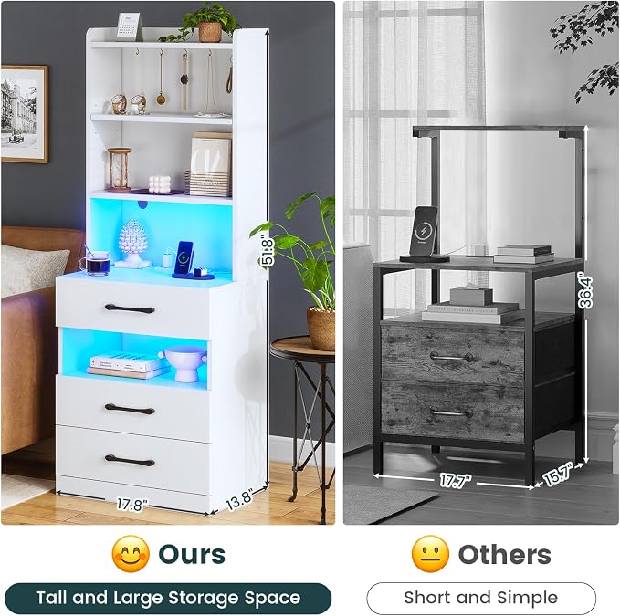 AOGLLATI Tall Nightstand Set of 2 with Charging Station and LED Lights, Night Stand with 3 Drawers and Bookshelf, White Modern Bedside Table with Storage Shelves for Bedroom - Image 8