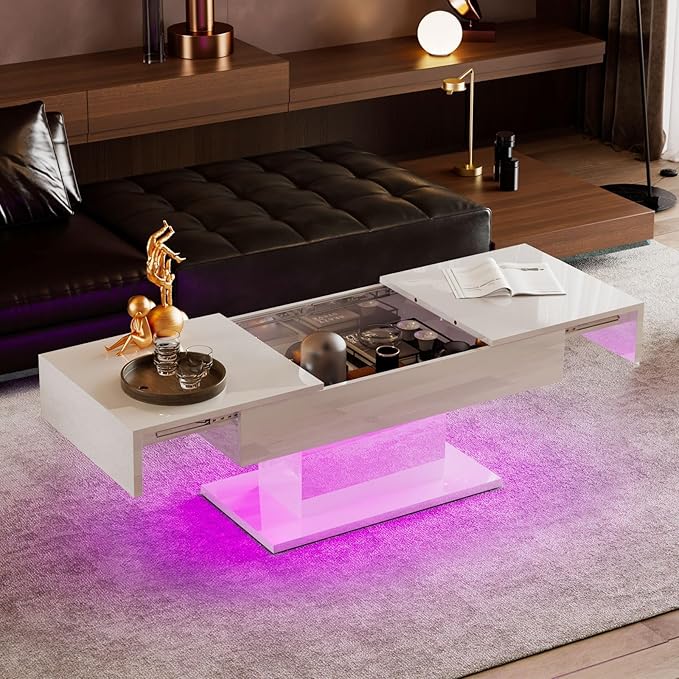 White Modern Coffee Table with Hidden Storage for Living Room, Living Room Table Rectangular Center Tables Sliding Top with LED Lights, Wooden Cocktail Table for Reception Room