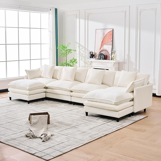 Eafurn 141" Oversized Modular Sectional Sofa with Movable Ottoman, 6 Seater Modern Chenille Reversible Sofa Set, Large Convertible U Shaped Couch for Living Room Apartment